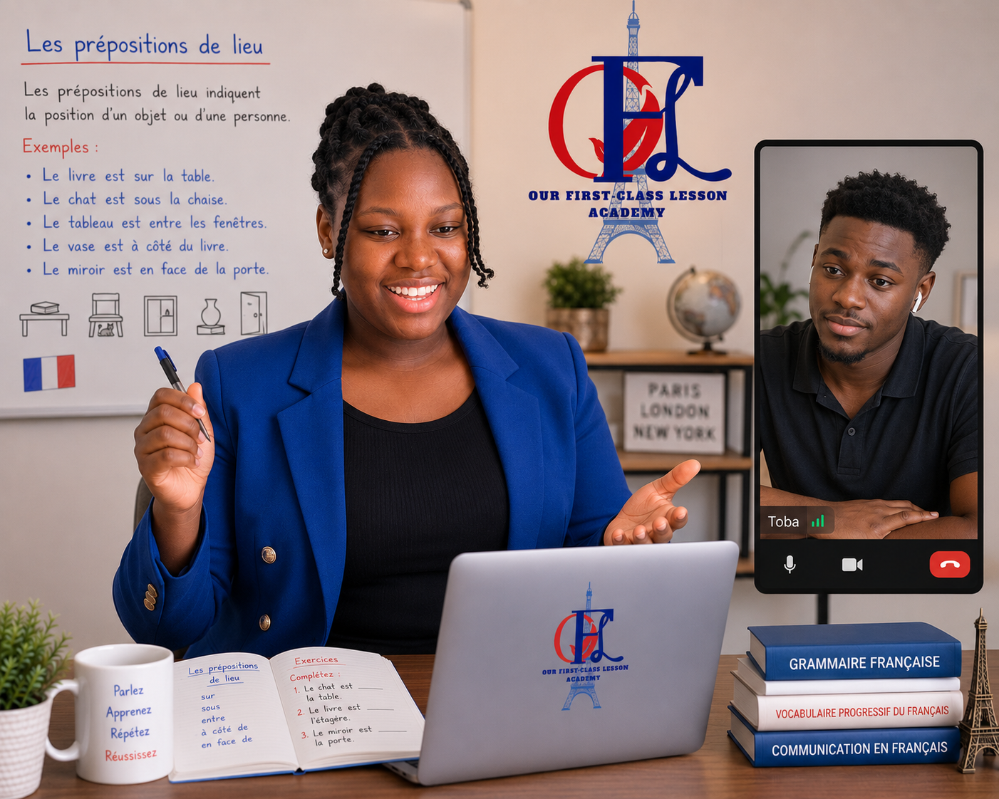 OFL Academy live online French class with a professional tutor and a student on video call